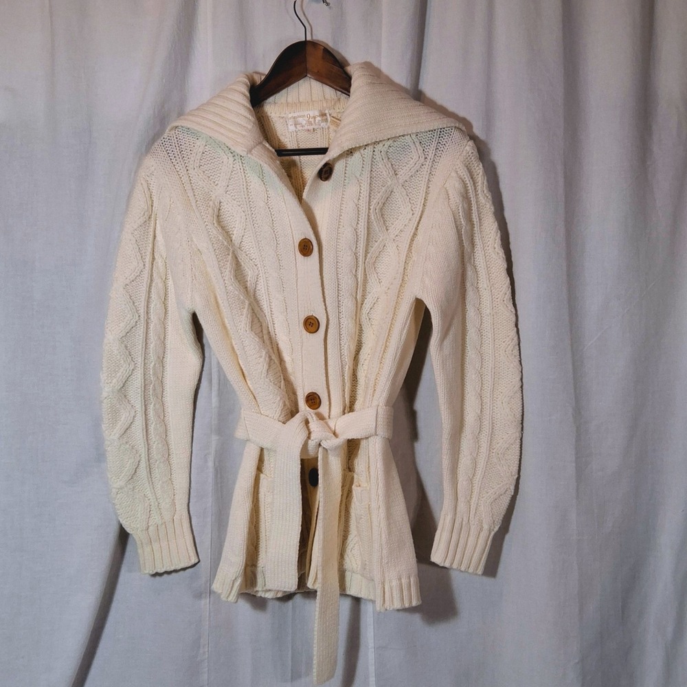Vintage aFashion Import Cream Cable Knit Belted Cardigan Sweater Shawl Collar L